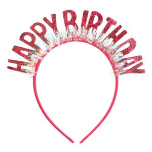 Galvos lankelis su rožiniais blizgučiais išrašytu užrašu „Happy Birthday“